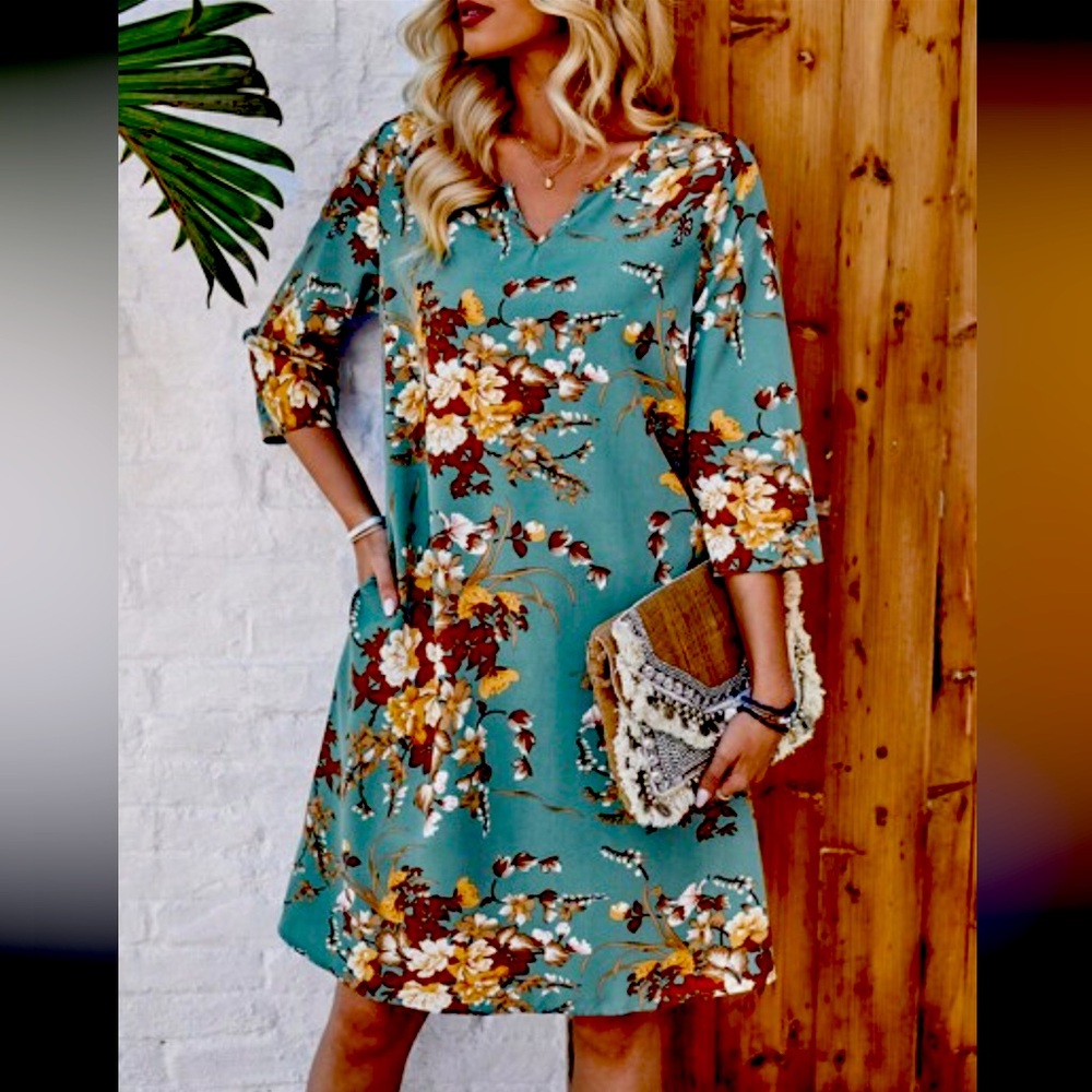Floral Wrap Dress in Teal and Brown